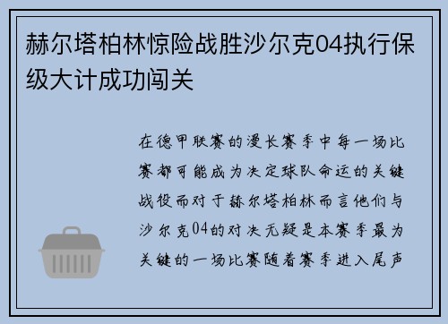 赫尔塔柏林惊险战胜沙尔克04执行保级大计成功闯关